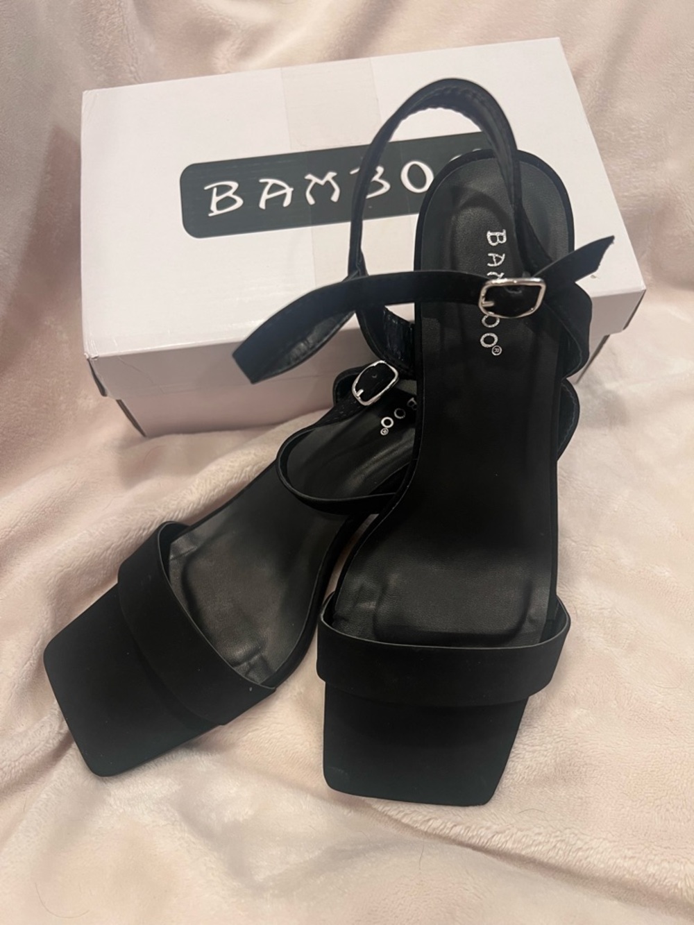 BAMBOO Black Square-Toe Slingback Heels